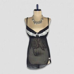 Gilligan O Malley Sheer Babydoll Nightgown Black White Lace Large